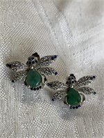 Sterling Silver Bee Earrings w/ Emerald Gemstones