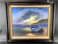 Pastel on canvas of a beach scene, framed, 23" x 3