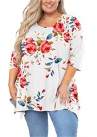 P3922  SHOWMALL Floral White 4X Swing Tunic 3/4 S