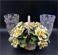 Glass Vases and Italian Ceramic Floral Arrangement