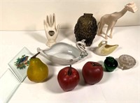 glass owl bankl, faux fruit & more