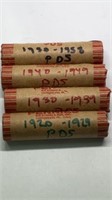 (4) rolls of wheat pennies 1920-1958