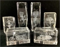 (6) Laser Etched Glass Paperweights, Motorcycle