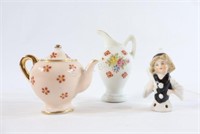 Victorian Child Half-Doll Pin Doll, Tea Pot & Pitc