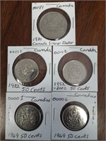 5 Canada coins 50cents x 4, $1(1981)