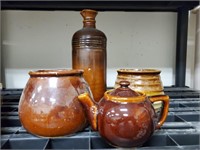 Stoneware bean pot, assorted pottery, teapot