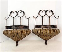 Pair of Rattan & Iron Wall Pockets Floral Hangers