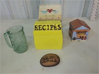 belt buckle, recipe boxes and Coke glass