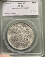 SEGS 1877S MS63 Graded Morgan Silver Dollar