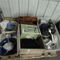 Tote pans, coffee pot, wood drawers, plates
