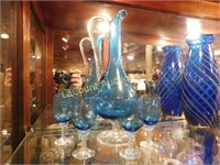 blue glass decanter w 4 glasses