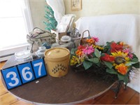 CONTENTS ON TABLE-WREATH,CROCK, CANISTER JARS