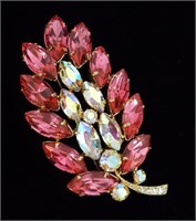 Vintage Leaf Brooch, Pink & AB Marquise Stones