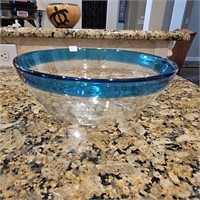 Hand Crafted Ble & Clear Glass Serving Bowl