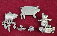 Pewter pig pins and small cat pin