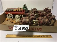 CAST IRON HORSE DRAWN BEER WAGON WITH BARRELS