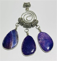 Vintage Charoite Pendant Large 2” Stones Silver