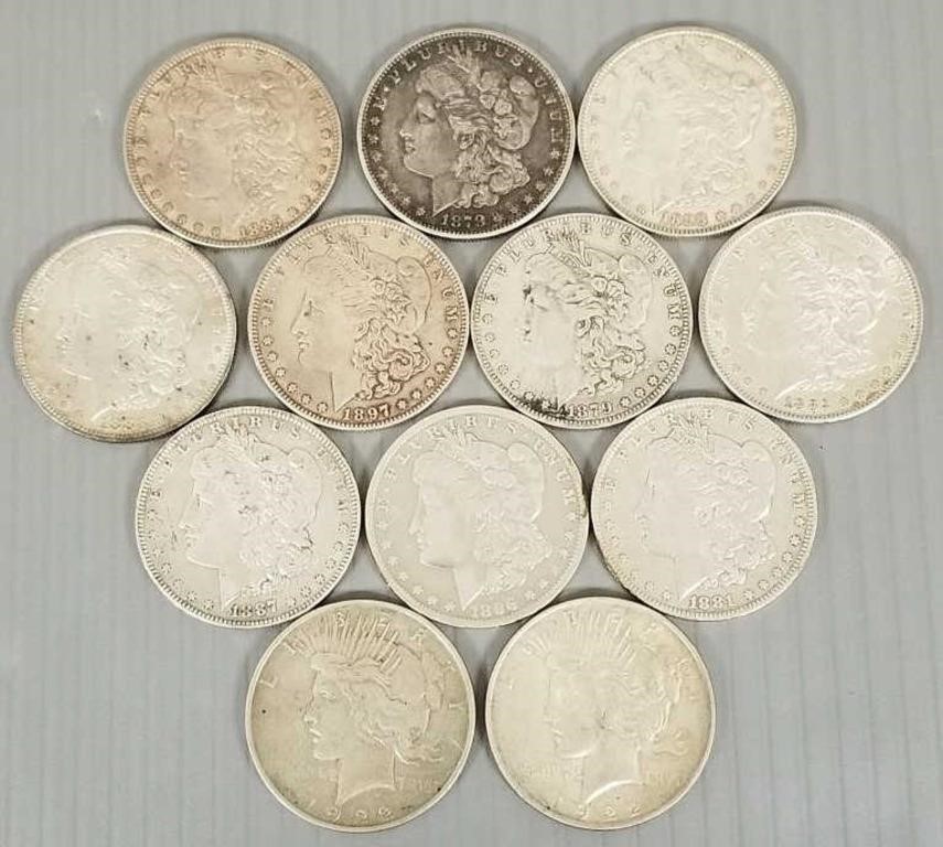 12 U.S silver dollars 10 Morgan and 2 Peace