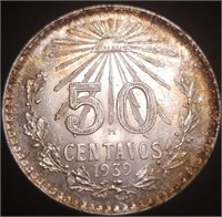 1939 MEXICO 50 CENTAVOS - AU+ 72% Ag 50 Centavos