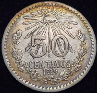 1919 MEXICO 50 CENTAVOS - 80% Silver 50 Centavos