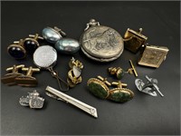 Vintage pocket watch, cufflinks, tie clip and more