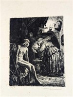 Vintage LE Woodblock Print Nude Girl With Witch