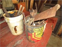2 BUCKETS OF VINTAGE TOOLS, ROAD SIDE FLARES