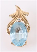 14K YELLOW GOLD BLUE TOPAZ DIAMOND LADIES PENDANT