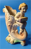 Vintage Bisque Cherub w/Squeezebox Vase