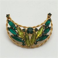 Goldtone And Green Rhinestone Brooch