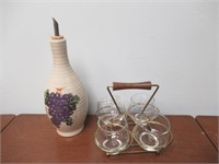 Pottery Vineger Bottle and Cups with Holder