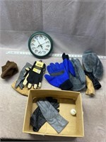 clock and various gloves