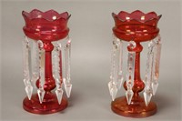 Pair of Victorian Cranberry Glass Lustres,