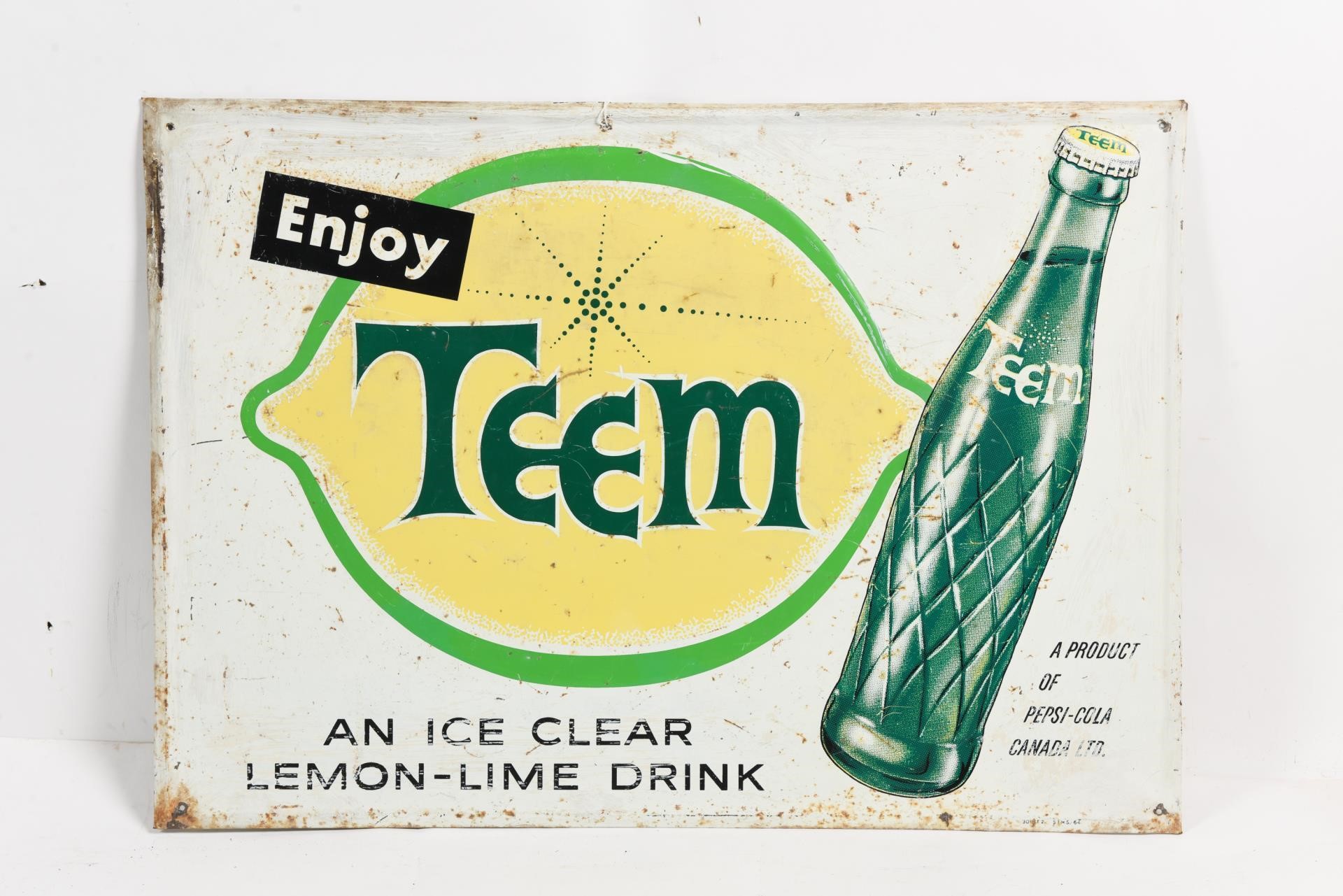 1964 ENJOY TEEM LEMON LIME DRINK SST EMBOSSED SIGN
