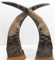 Pair of hand Carved Eagle Designs on Buffalo Horns