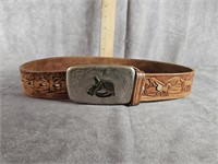 TOOLED LEATHER CHILDS BELT WITH HORSE BUCKLE