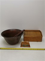 wood salad bowl with fork & spoon, mail organizer