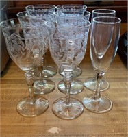 6-Etched Wine Glasses, 2- Champagne Glasses