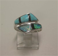 Vtg NA Sterling Silver, Turquoise, Opal & Jet Ring