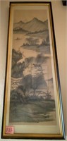 M - VINTAGE ASIAN ART SCROLL FRAMED 40X15"O21)