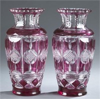 Pair of ruby cut to clear Bohemian crystal vases.