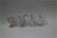 TWO ETCHED GLASS OIL BOTTLES AND TWO PITCHERS