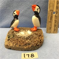 Ivory carved and painted, 2 puffins on a bone base