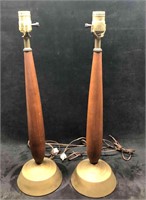 Pair Of Mid Century Retro Wood & Brass Lamps