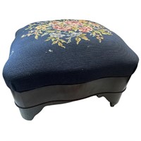 Vintage Wooden Stool  Needlepoint Floral Cushion
