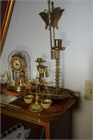 Brass Tray/Anniversary Clock, Candlesticks,