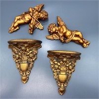 Gold Tone Sconces & Angel Wall Decor