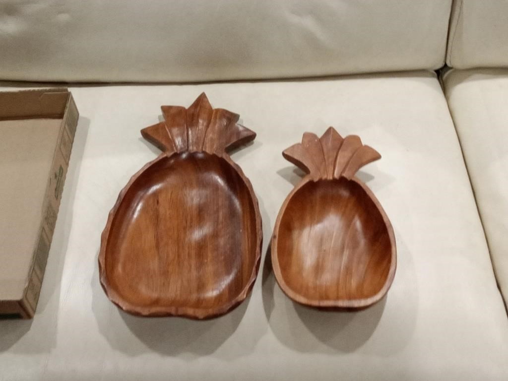 2 vtg Dolphin Monkey wood pineapple bowls