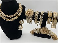 VTG Crown TRIFARI Brushed Gold Tone Faux Pearl SET