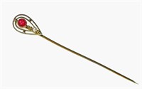 14K Yellow gold ruby and pearl stick pin